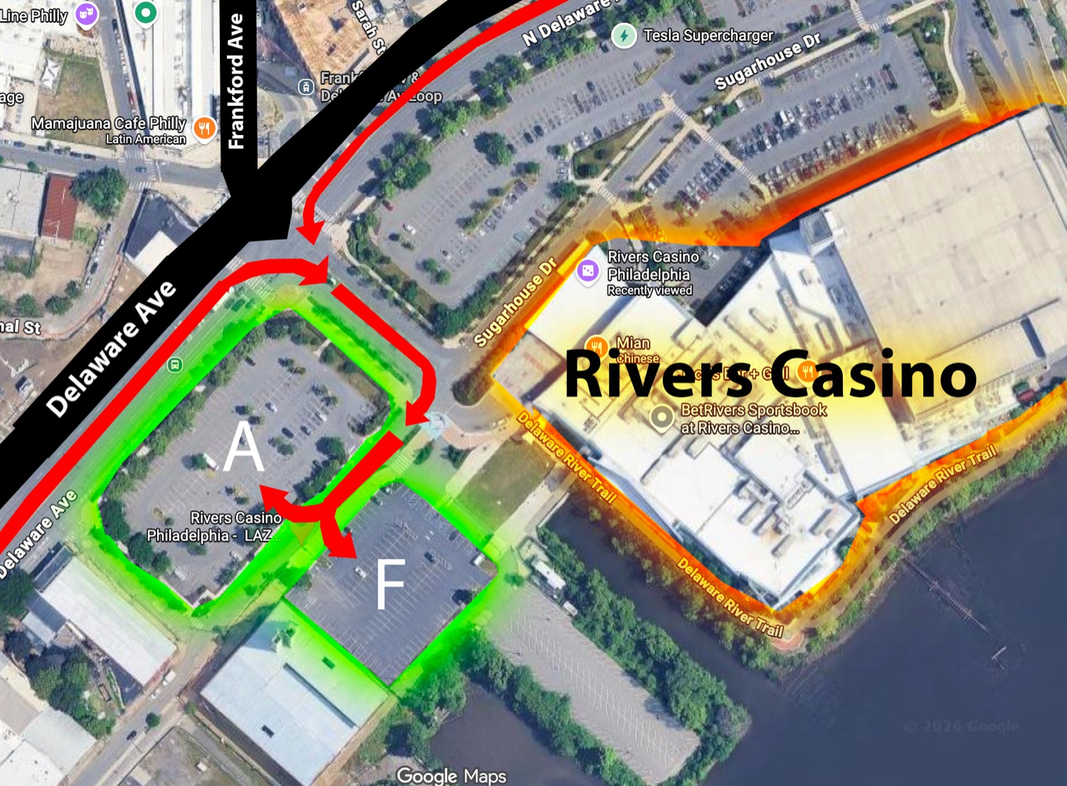 Diagram of the LAZ Parking lots A and F at Rivers Casino with the driving route in
